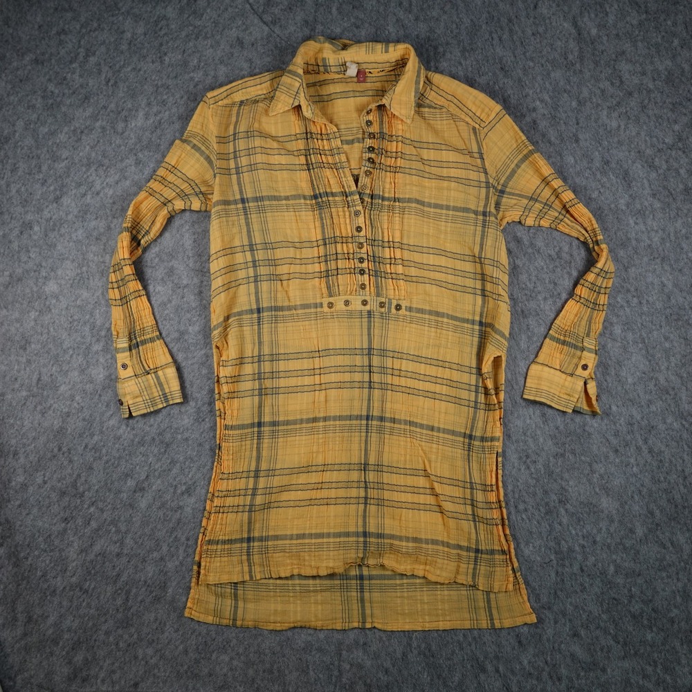 Pilcro Top Women Small Yellow Plaid Henley Gauze Tunic Long Sleeve Button Front